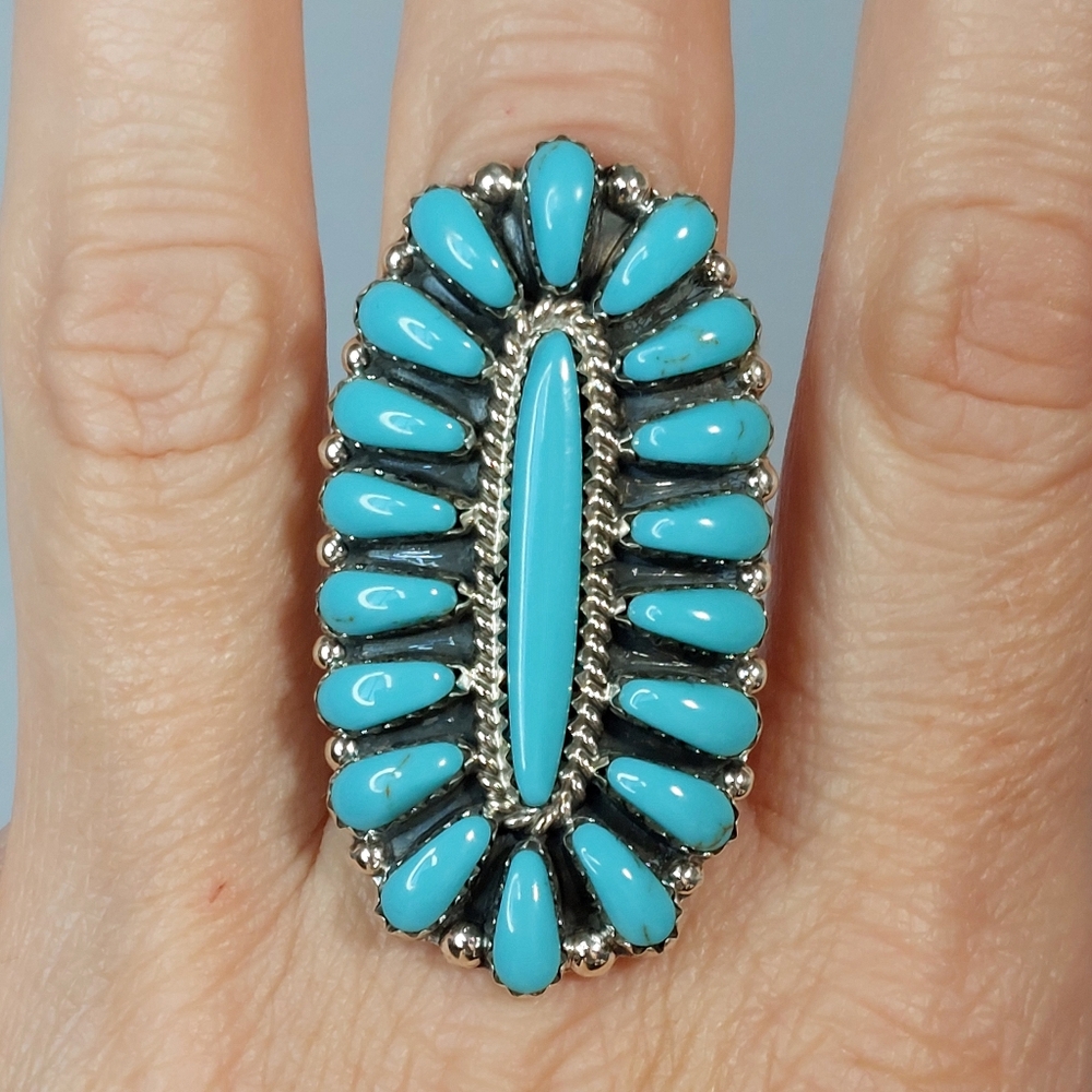 Vintage Navajo Sterling Turquoise Cluster Ring Davina Benally Size 8 - Picture 1 of 9